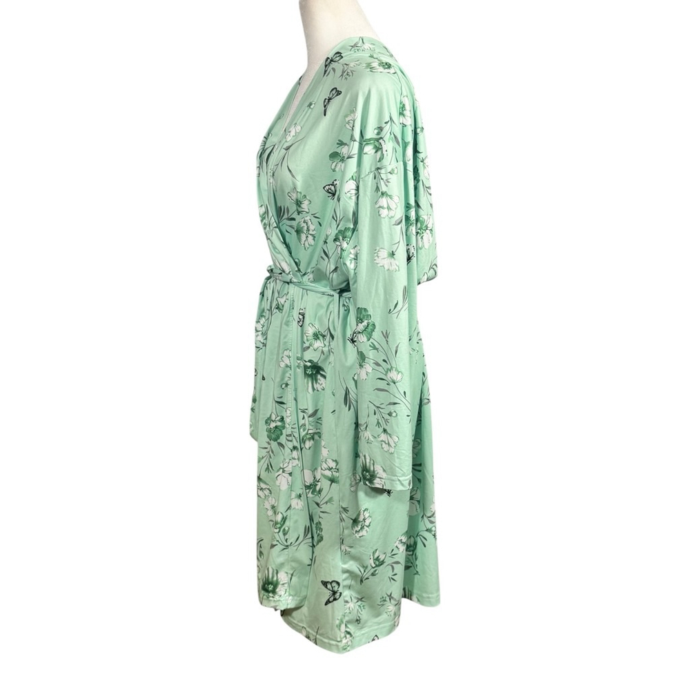 Size XL Women’s Light Green Floral Butterfly V-Neck Long Sleeve Tie Waist Robe - Picture 6 of 6